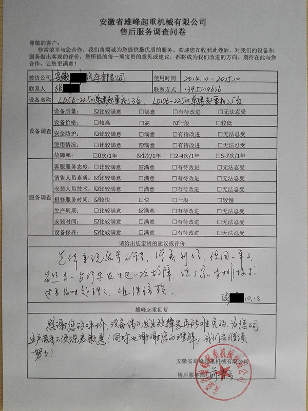 雄峰单梁起重机质量不错，保养到位